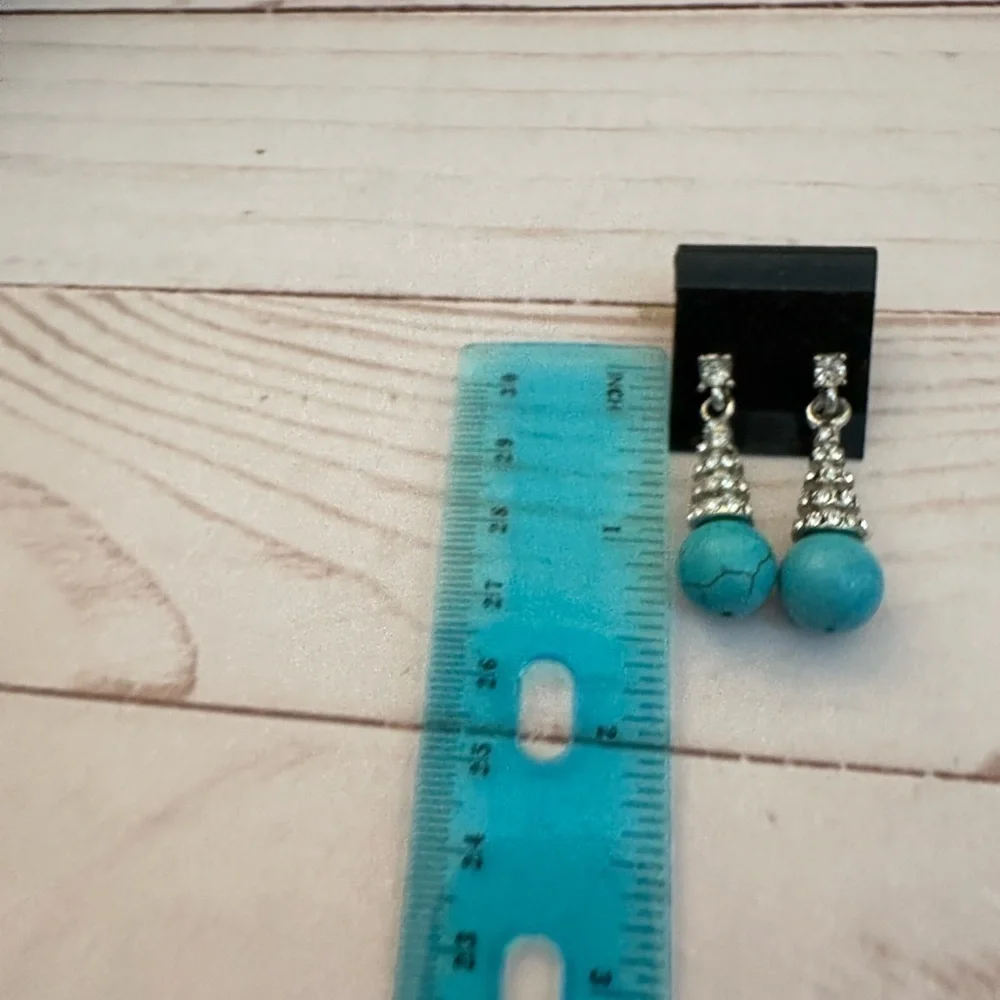 Faux Turquoise With Clear Stones Silver Dangling Pierced Casual Earrings
